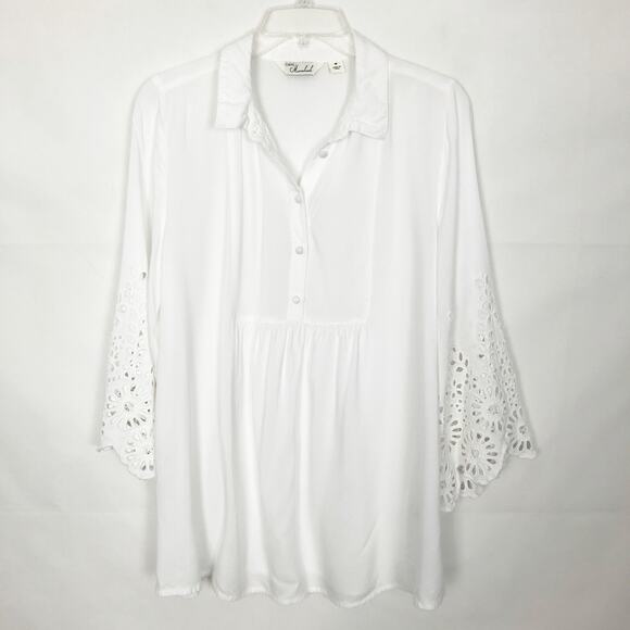 Cafe Marrakesh Womens Top Medium Eyelet Flared Sleeve Boho Cottagecore Beachy - Picture 1 of 11